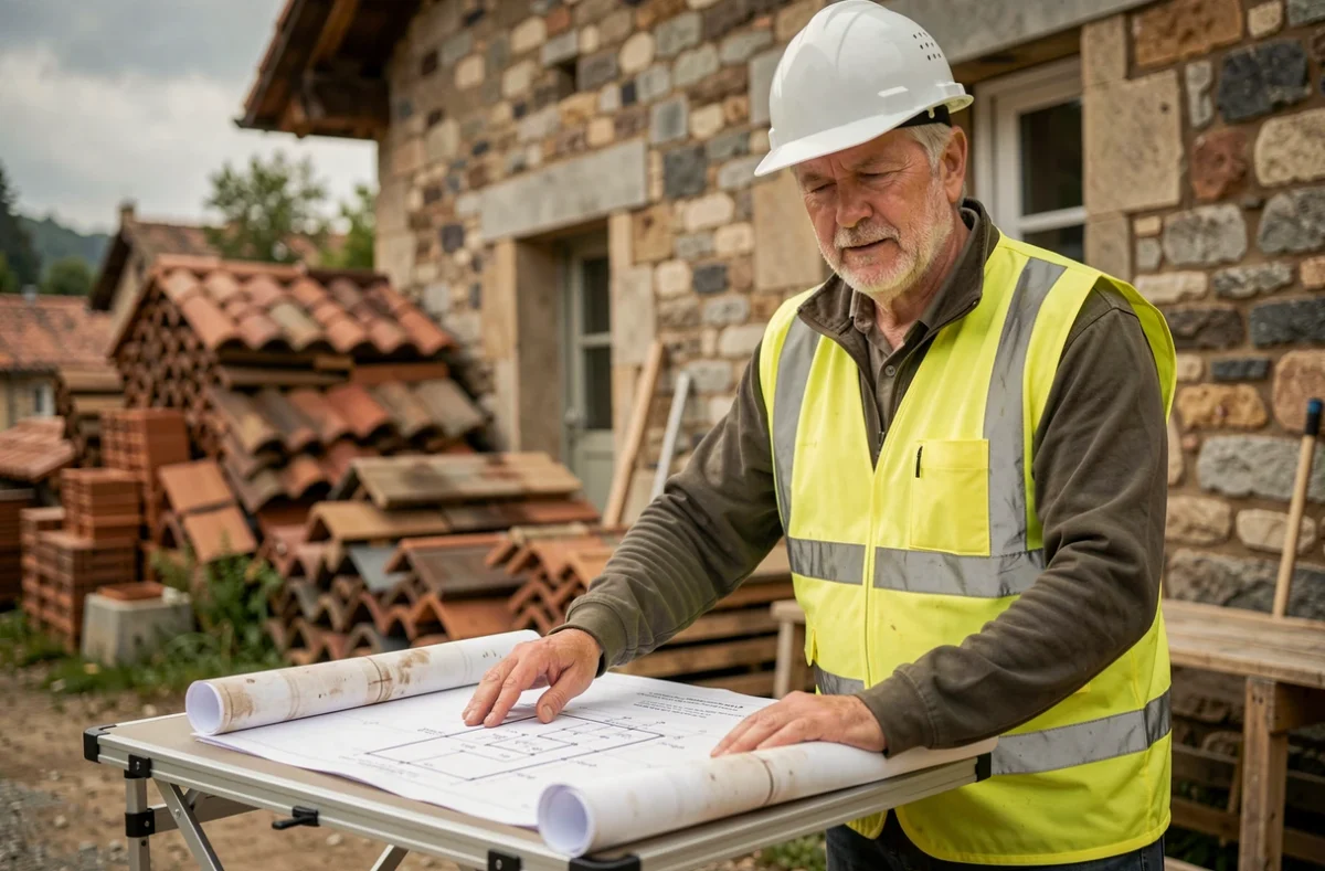 Entrepreneur couvreur partenaire consultant des plans architecturaux devant une ferme r&eacute;nov&eacute;e en Is&egrave;re