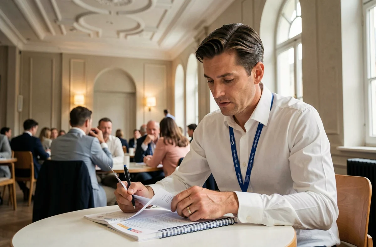 Participant au congr&egrave;s UINL Paris prenant des notes sur le guide officiel pour &eacute;viter les erreurs d'organisation