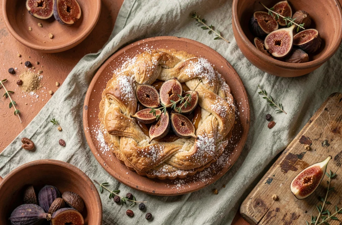 Mise en scène culinaire soignée d'une tarte aux figues sur fond de lin et terre cuite dans un studio rennais, illustrant le travail de Philippe Emeriau styliste culinaire et photographe