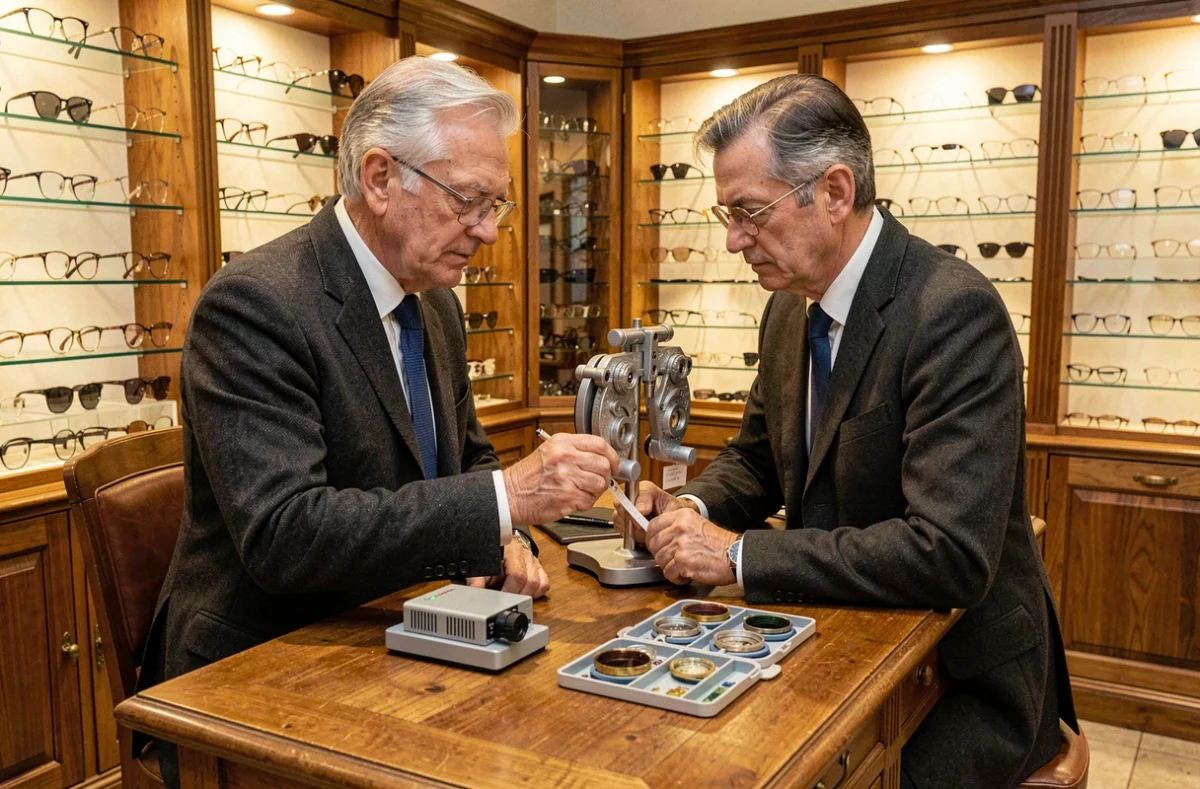 Opticien Pierre L&eacute;man en consultation avec un client dans sa boutique &agrave; Montreuil, entour&eacute; de pr&eacute;sentoirs de montures classiques et contemporaines