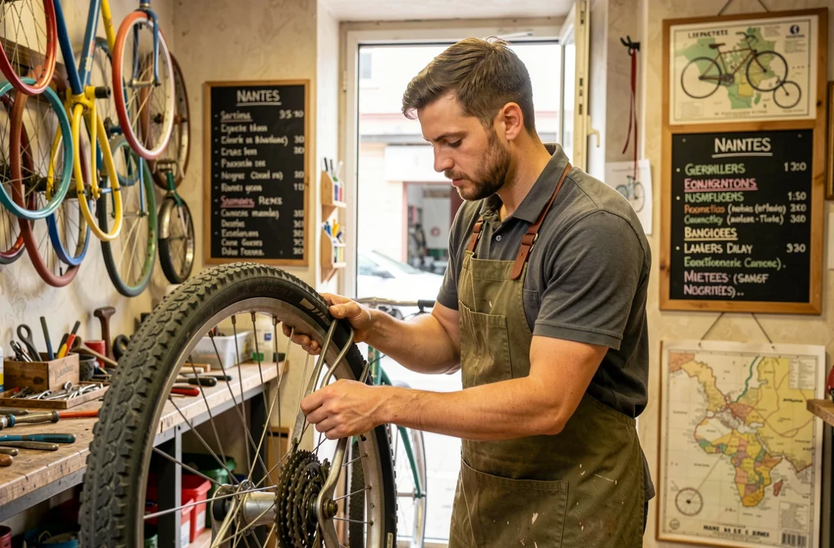 M&eacute;canicien de Pignon Sur Roue retirant un pneu de v&eacute;lo dans un atelier collaboratif nantais