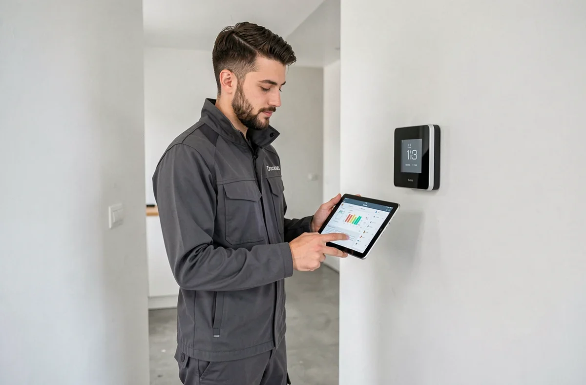 Jeune chauffagiste Planes J&eacute;r&eacute;mie utilisant une tablette num&eacute;rique pour configurer un syst&egrave;me de chauffage connect&eacute;