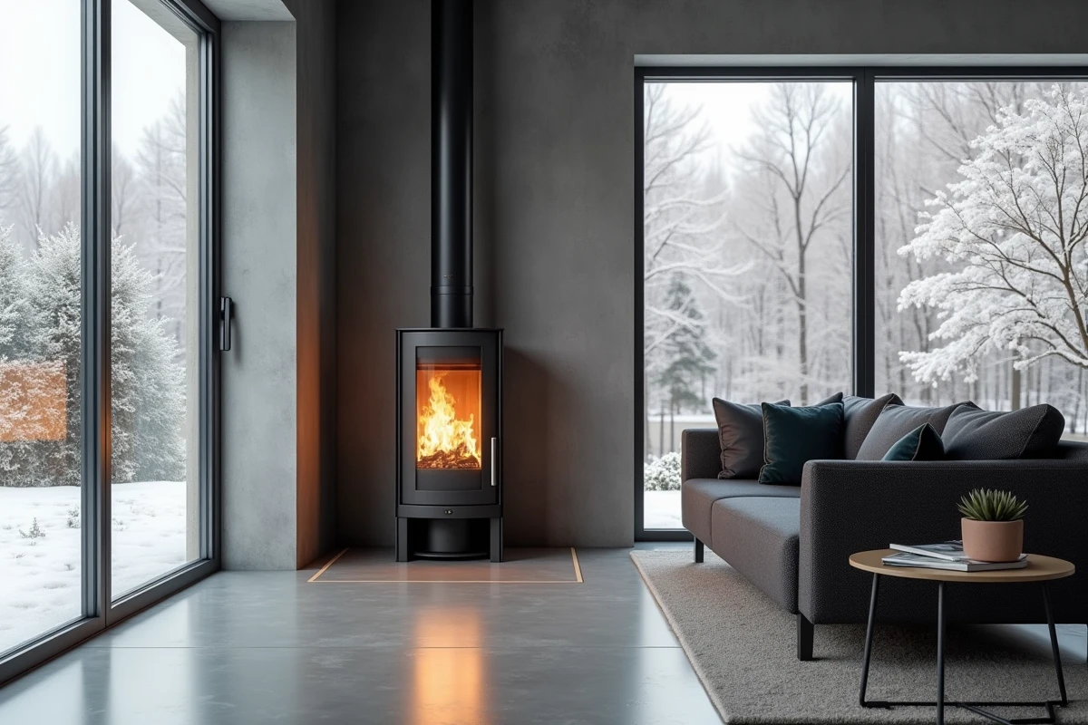Po&ecirc;le design en acier avec foyer vitr&eacute; dans un salon contemporain minimaliste avec vue sur jardin enneig&eacute;