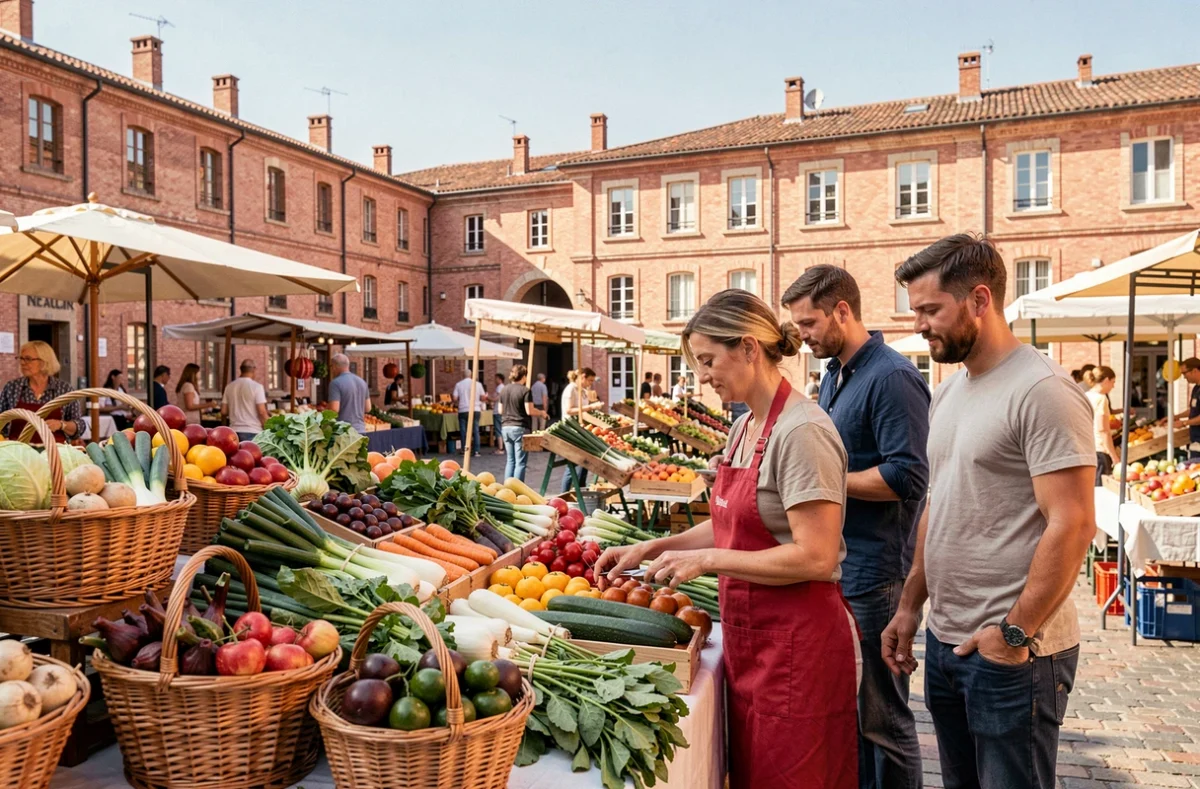 March&eacute; en plein air &agrave; Toulouse avec des habitants locaux &eacute;voquant la vie quotidienne et la population toulousaine