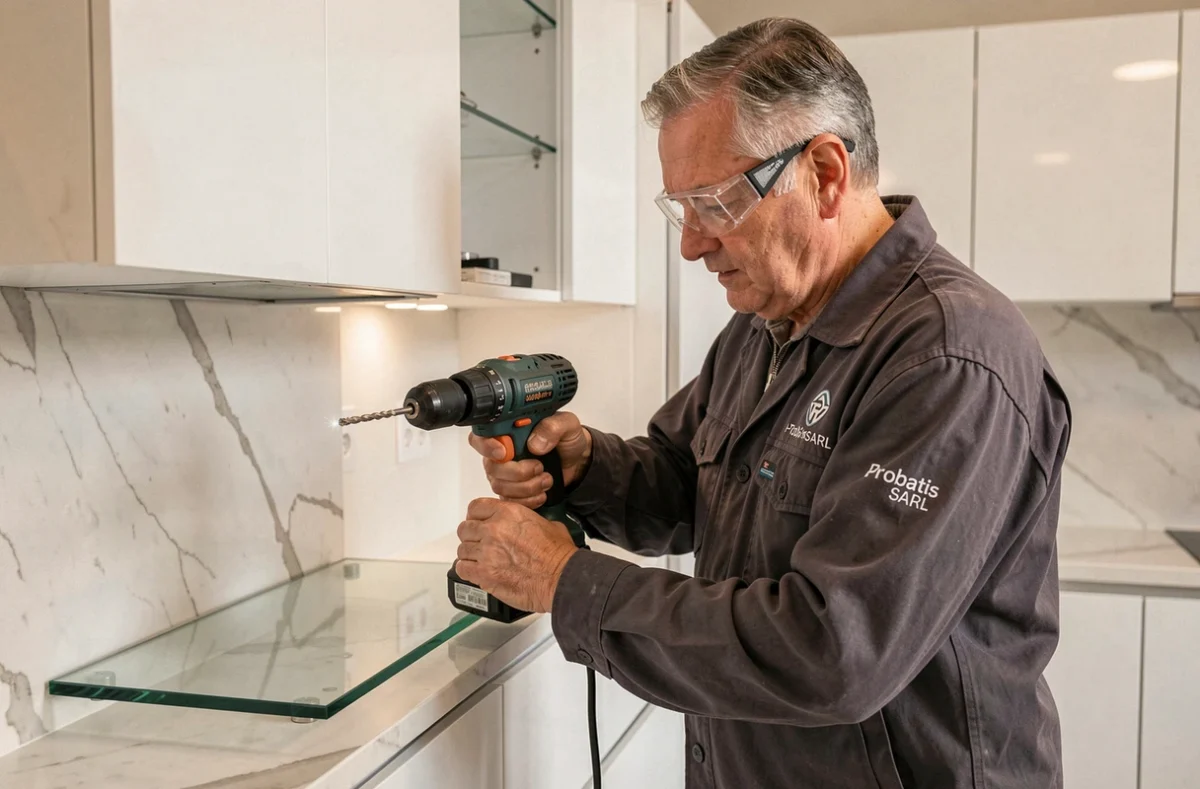 Technicien Probatis SARL installant une &eacute;tag&egrave;re en verre sur mesure dans une cuisine r&eacute;nov&eacute;e &agrave; Lyon