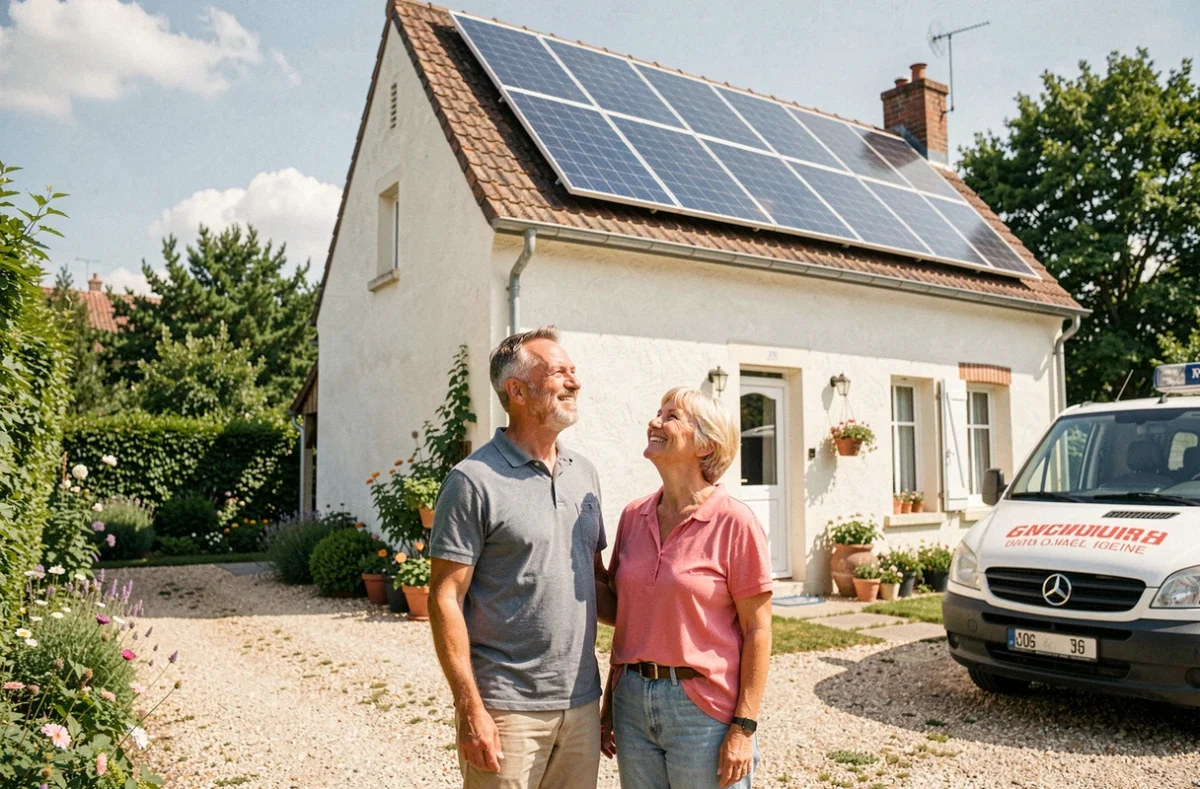 Couple de propri&eacute;taires fran&ccedil;ais satisfaits devant leur maison &eacute;quip&eacute;e d'un chauffe-eau solaire 200 litres