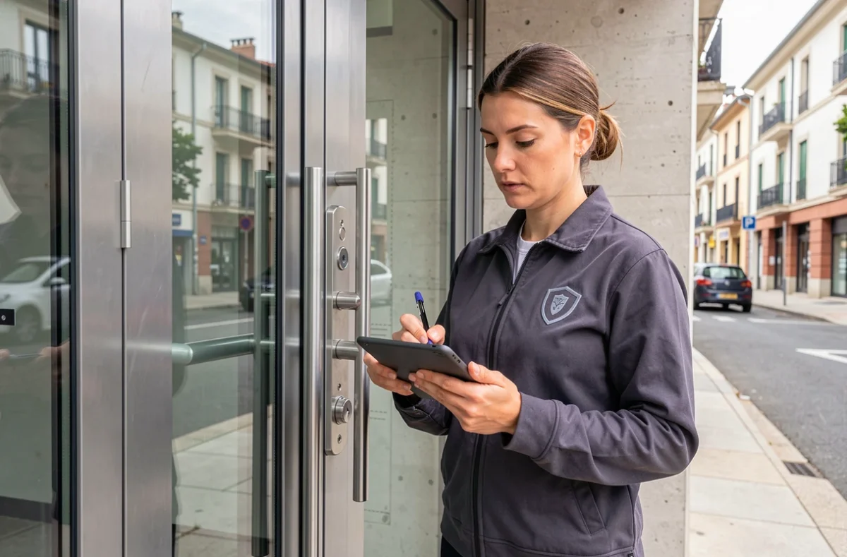 Sp&eacute;cialiste Protec'Sur effectuant un audit de s&eacute;curit&eacute; sur un syst&egrave;me de serrure multipoint &agrave; l'entr&eacute;e d'un b&acirc;timent commercial &agrave; Toulouse