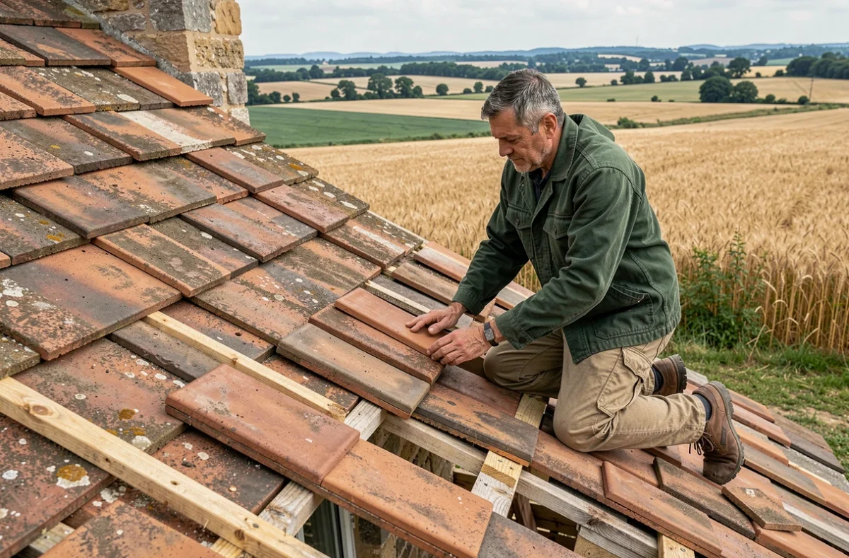 Artisan de Provins Couverture posant des tuiles plates sur une ferme historique en Seine-et-Marne