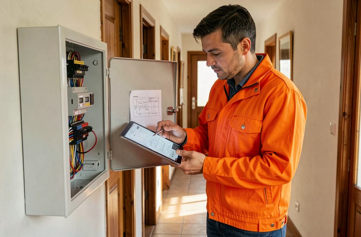 &Eacute;lectricien R&atilde;M&atilde; Elec consultant un sch&eacute;ma &eacute;lectrique sur tablette dans un couloir r&eacute;sidentiel &agrave; Argenteuil