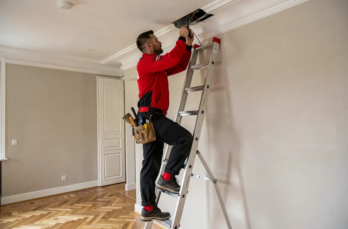 &Eacute;lectricien de R&atilde;M&atilde; Elec c&acirc;blant un luminaire au plafond dans une maison contemporaine &agrave; Argenteuil