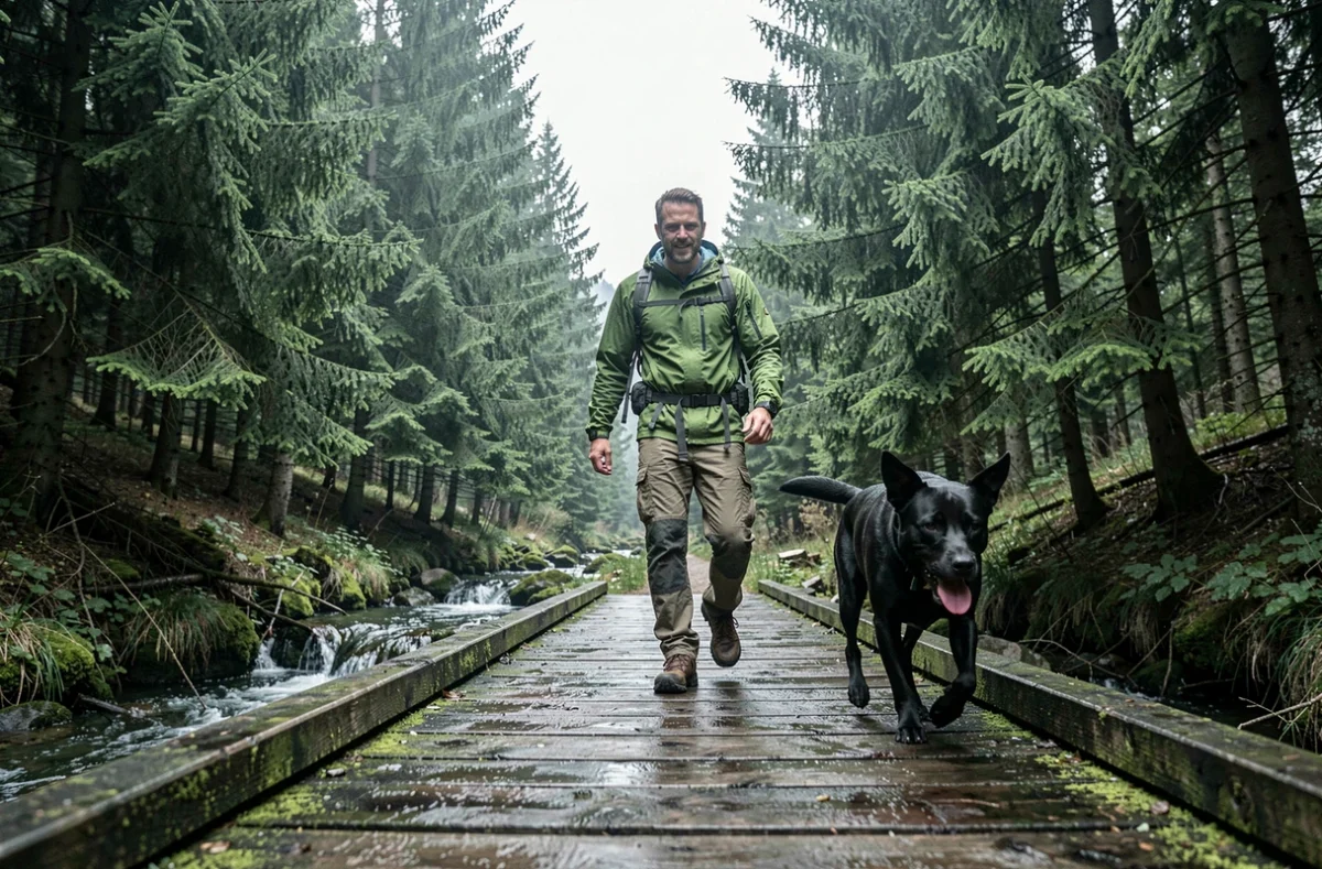 Randonneur traversant un pont en bois avec son labrador dans la for&ecirc;t vosgienne en Alsace