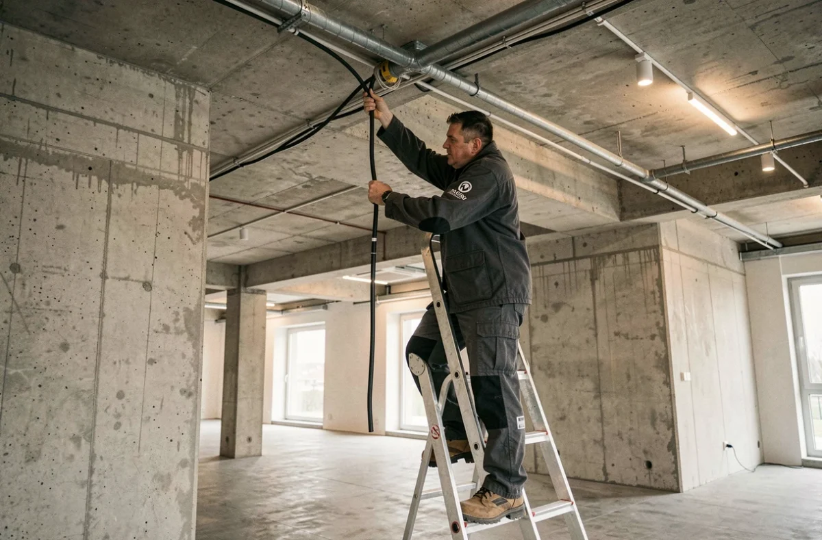 Électricien de Ranelec tirant des câbles électriques dans un local commercial rénové à Mulhouse