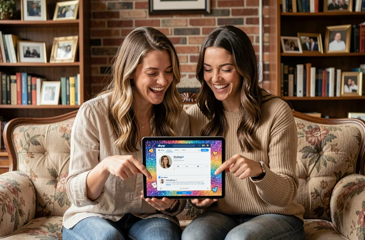 Deux femmes red&eacute;couvrant ensemble un ancien profil Skyblog sur tablette dans un salon chaleureux, partageant un moment de nostalgie complice