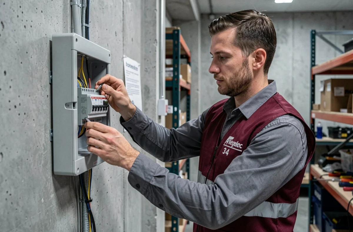 Technicien Regelec 34 installant un tableau de distribution &eacute;lectrique dans un atelier commercial &agrave; Montpellier