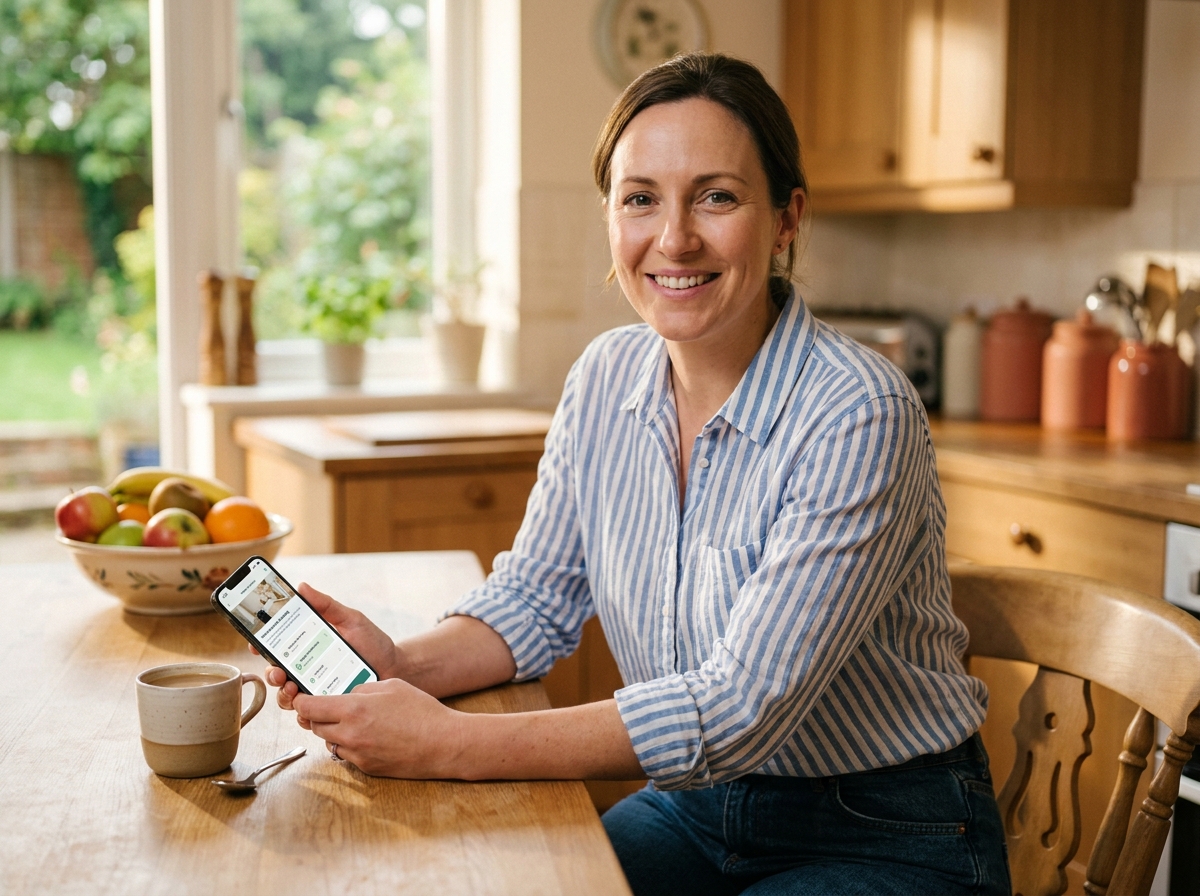 Femme réservant un service à domicile via l'application WeCasa sur son smartphone