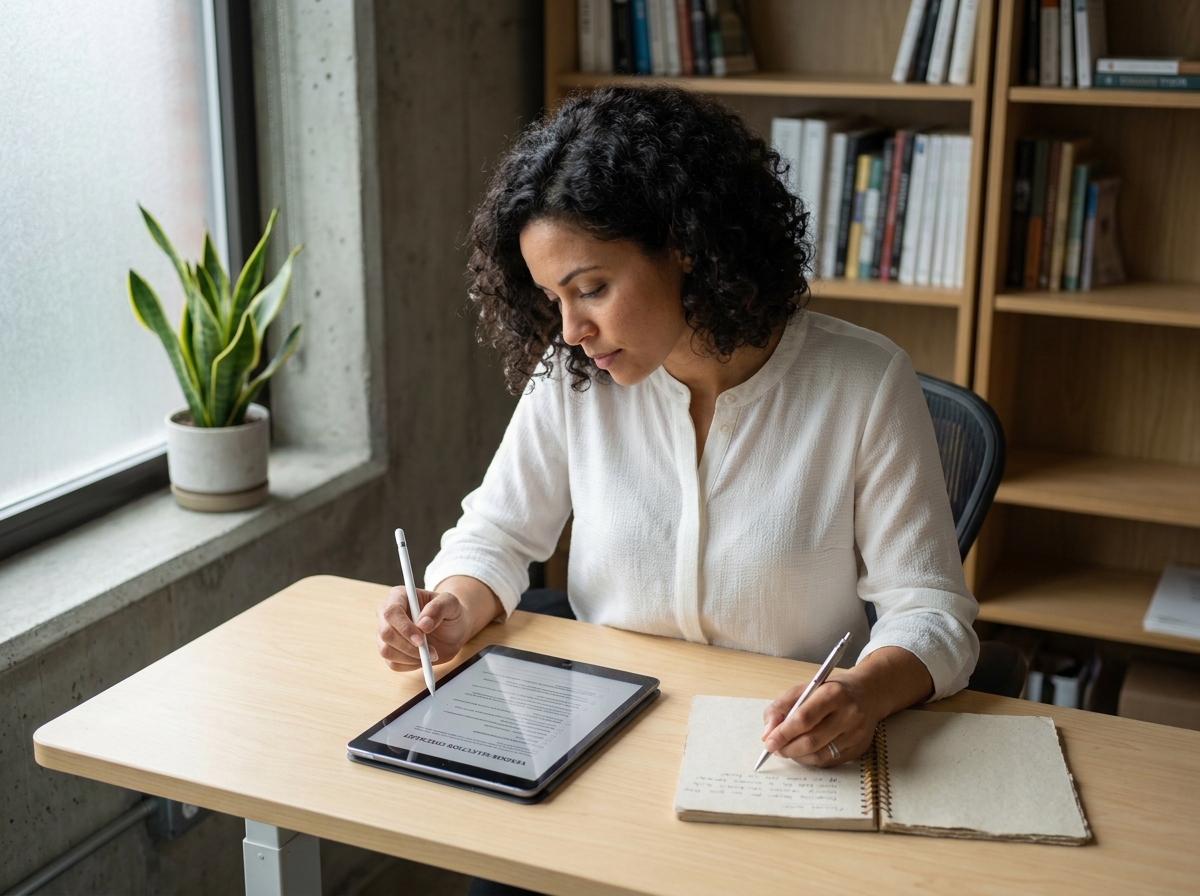Responsable s&eacute;curit&eacute; informatique analysant une checklist de s&eacute;lection de fournisseurs sur tablette