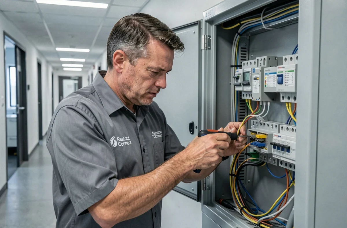 Technicien Restout Connect raccordant des conduits &eacute;lectriques et fibre optique dans un b&acirc;timent commercial de Montpellier