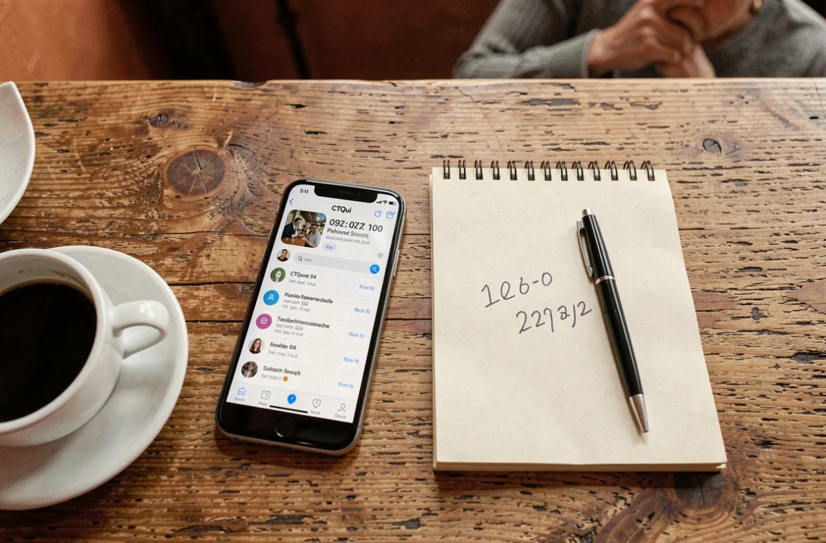 Vue a&eacute;rienne d'un smartphone affichant des r&eacute;sultats de recherche de num&eacute;ro de t&eacute;l&eacute;phone avec un carnet de notes dans un caf&eacute;