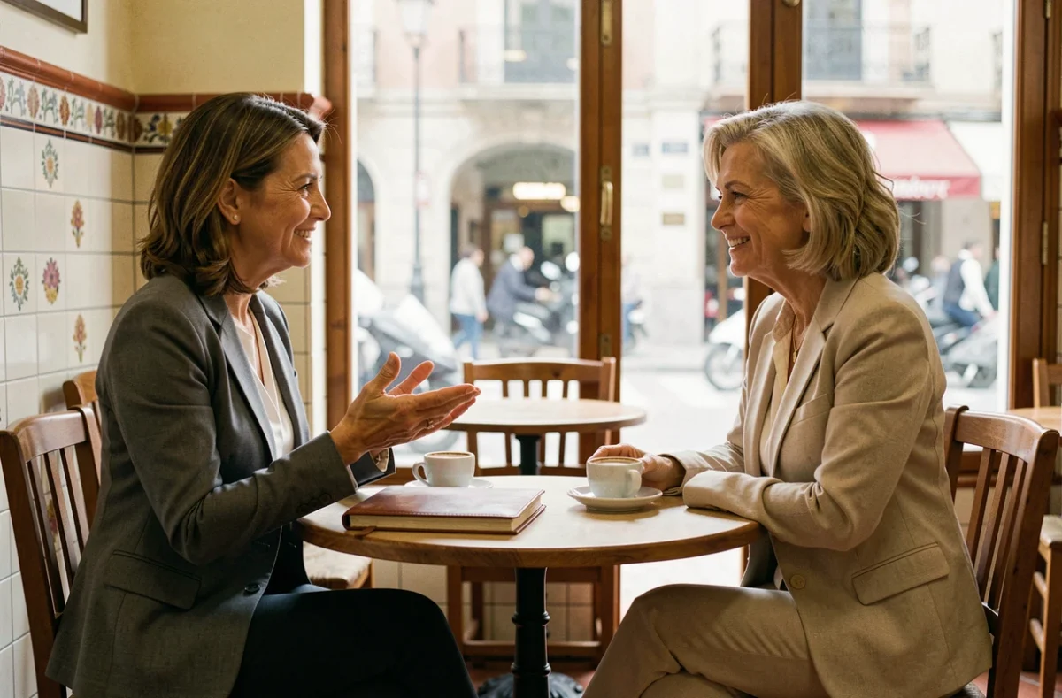 Deux professionnelles en réunion informelle dans un café de Madrid échangent des formules de remerciement en espagnol dans un cadre professionnel détendu