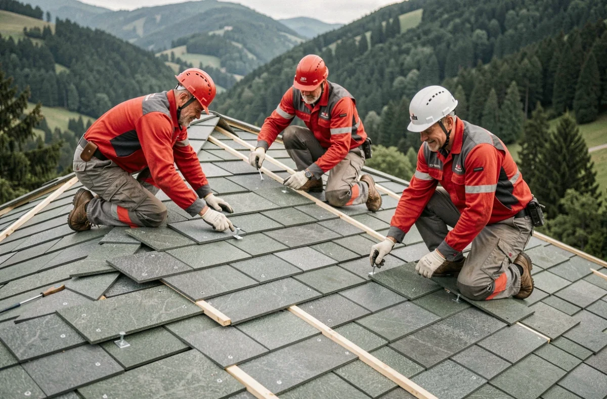 &Eacute;quipe de Rh&ocirc;ne-Alpes Toiture posant des ardoises en fibrociment sur une maison dans les contreforts des Alpes