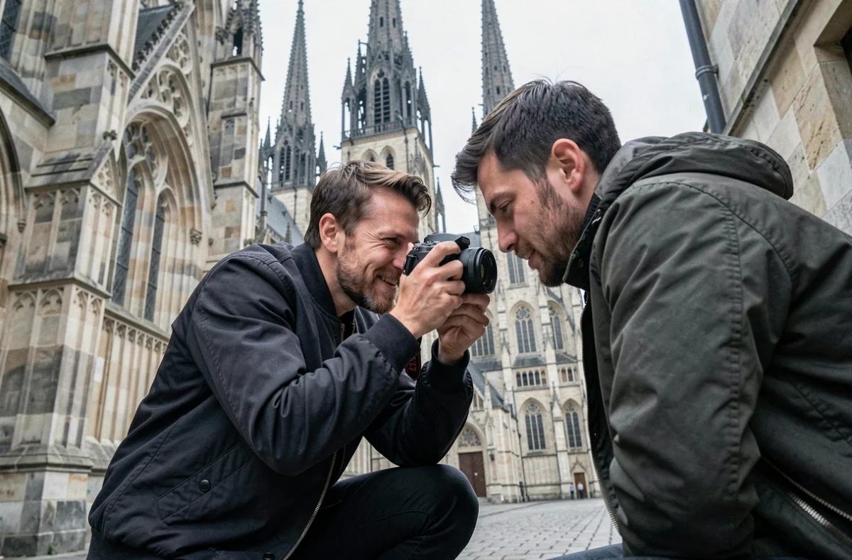 Romain Delille photographiant un portrait urbain devant la cathédrale gothique de Rouen