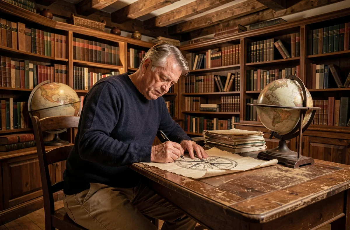Homme dessinant une rose des vents sur parchemin dans une bibliothèque ancienne, symbolisant la réflexion sur les choix de vie