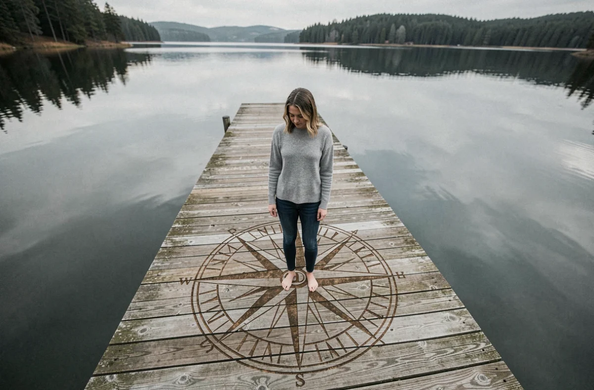 Jeune femme contemplant une rose des vents gravée sur un ponton en bois au bord d'un lac, métaphore des directions de vie