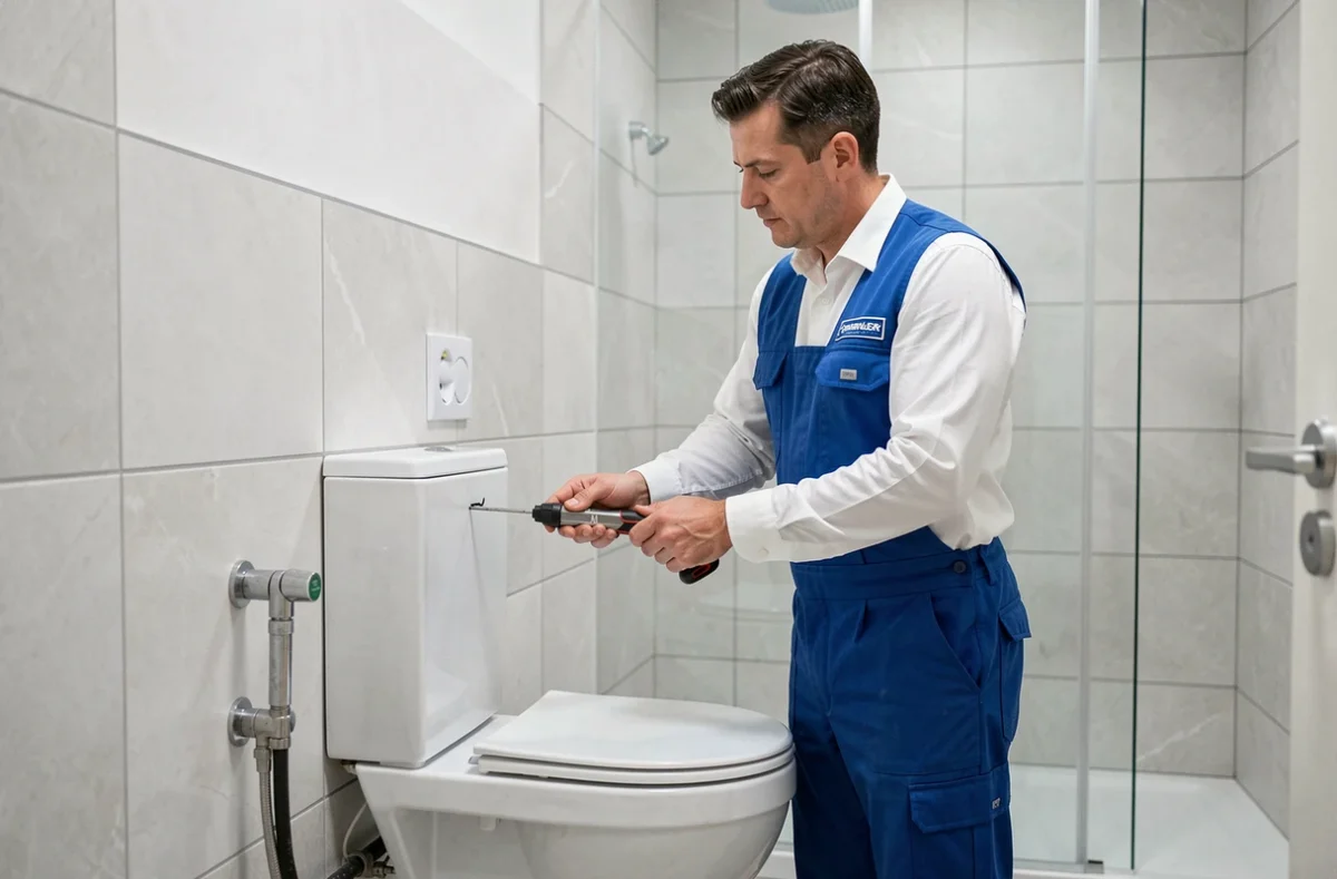 Installateur sanitaire de Roth Plomberie posant un WC suspendu dans une salle de bain rénovée à Metz