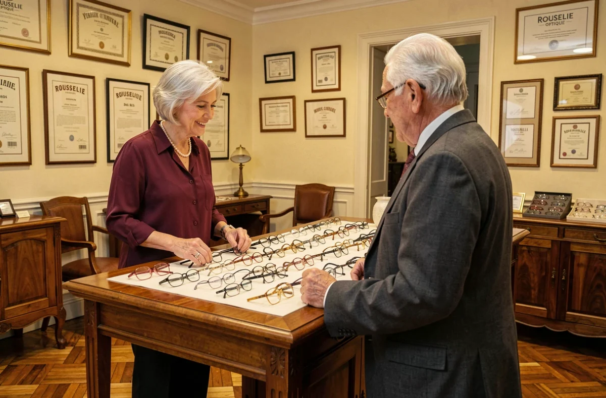 Opticienne de Rousselie Optique accueillant chaleureusement un client &acirc;g&eacute; dans une boutique &agrave; l'ambiance familiale et raffin&eacute;e