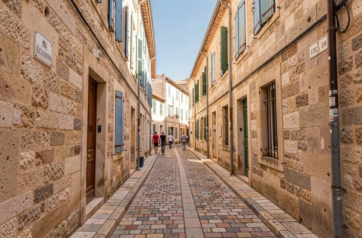 Ruelle pav&eacute;e du quartier historique de Montpellier avec panneau de rue et b&acirc;timents en pierre typiques