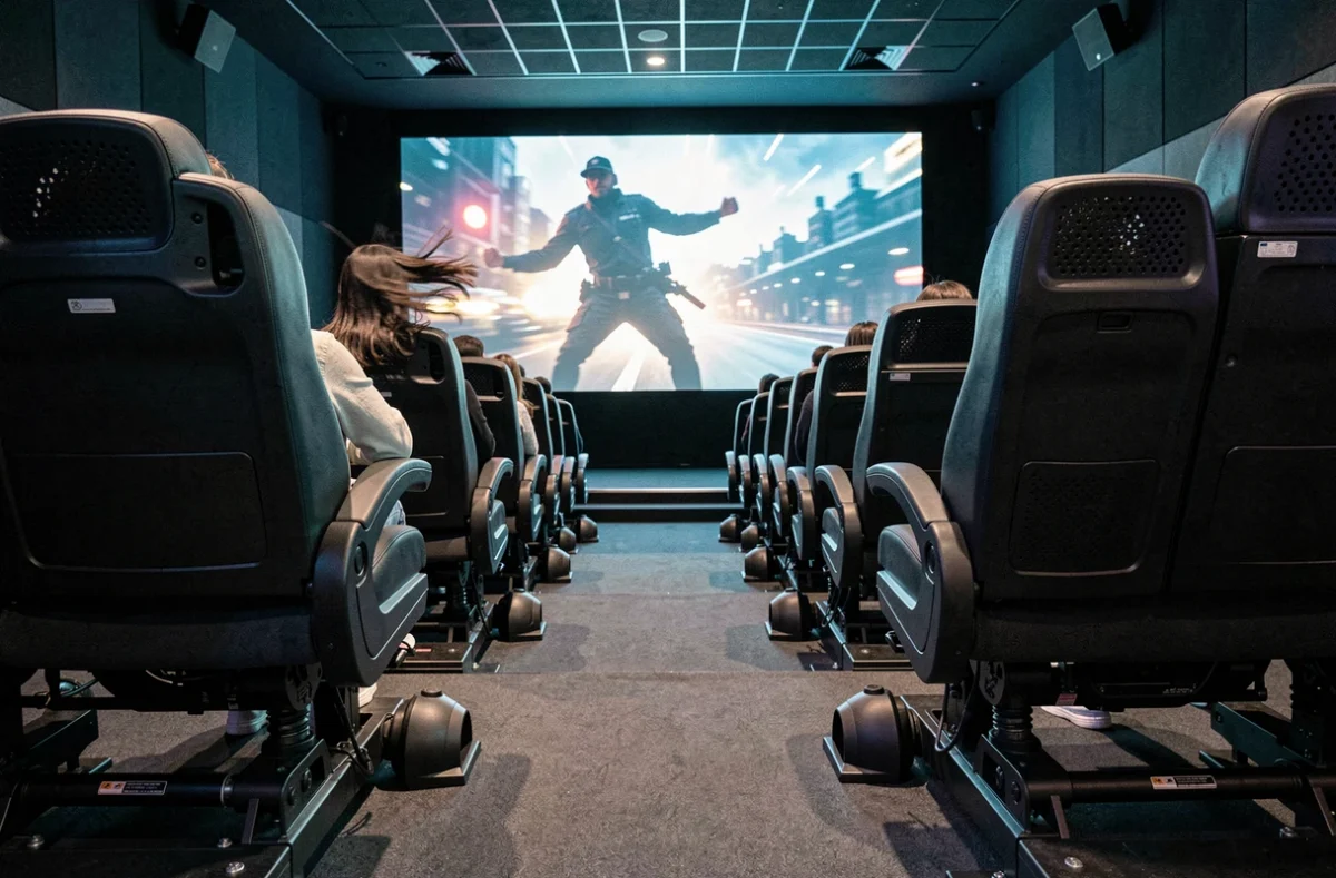 Vue d'ensemble d'une salle de cin&eacute;ma 4DX avec si&egrave;ges motoris&eacute;s et effets sp&eacute;ciaux visibles depuis le fond de la salle
