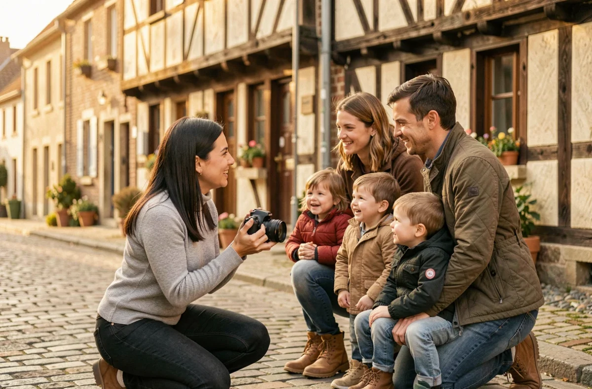 Sarah Steck photographe dirigeant une séance famille dans une rue pavée d'un village normand