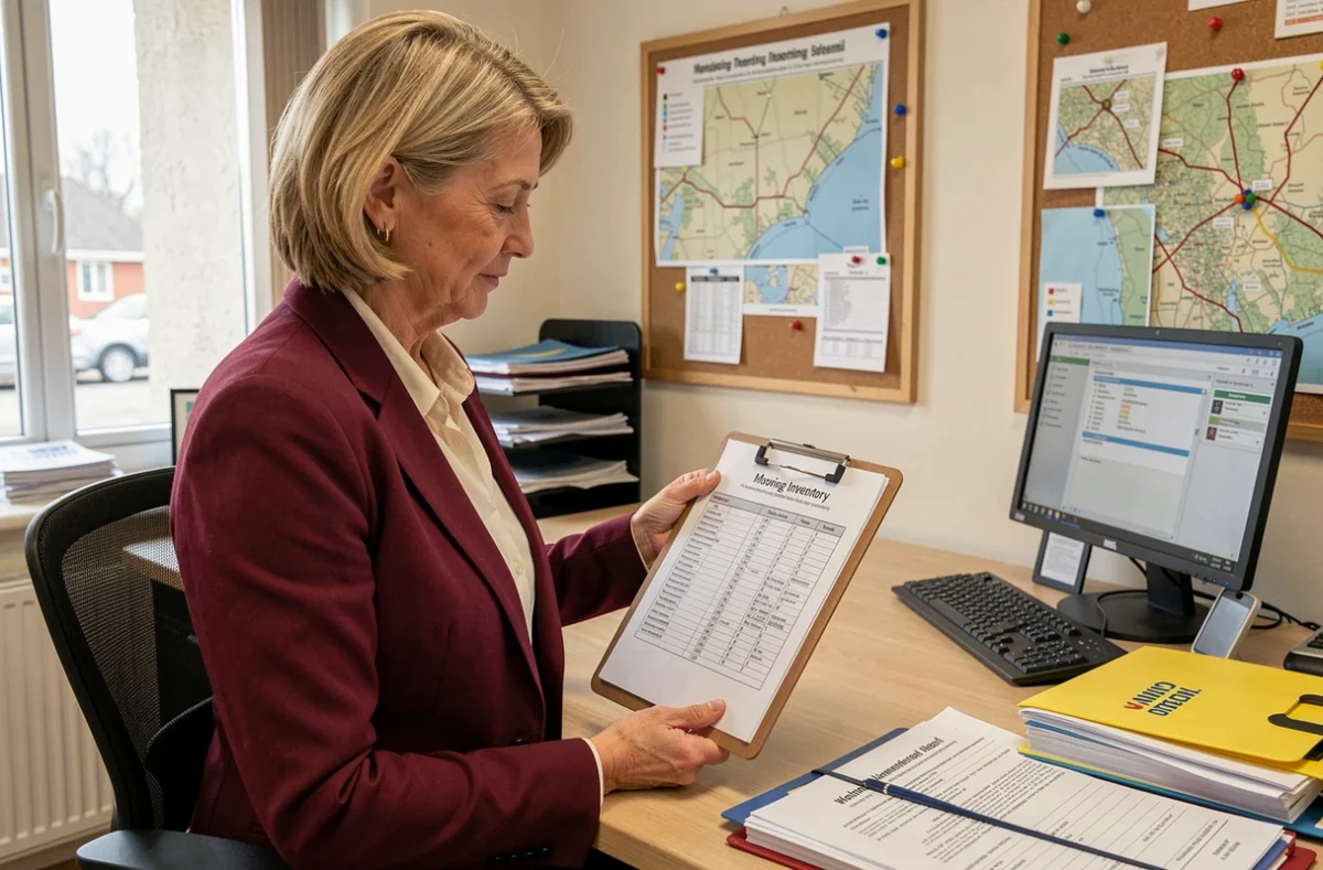 Administratrice professionnelle en blazer bordeaux consultant un inventaire de d&eacute;m&eacute;nagement sur un presse-papiers dans le bureau d'une soci&eacute;t&eacute; de d&eacute;m&eacute;nagement