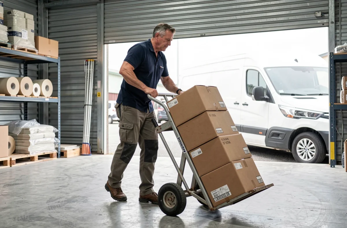 Employ&eacute; de Sarl Voreux Lauwers utilisant un diable pour d&eacute;placer des cartons dans un d&eacute;p&ocirc;t logistique