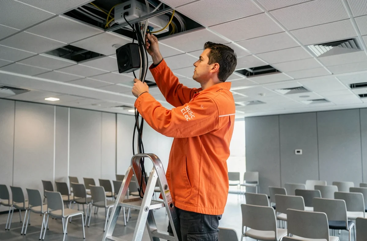 &Eacute;lectricien de SAS Music Elec installant le c&acirc;blage audiovisuel dans une salle de conf&eacute;rence moderne dans le Gers