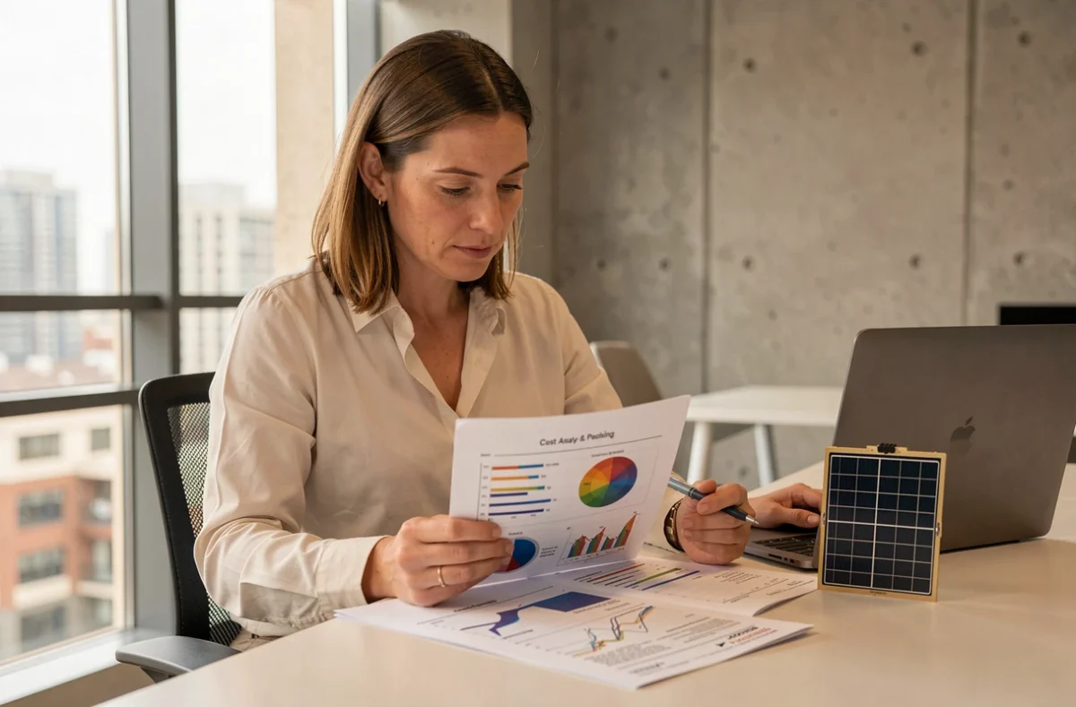 Scientifique analysant les co&ucirc;ts et sp&eacute;cifications techniques des panneaux solaires p&eacute;rovskite dans un bureau moderne