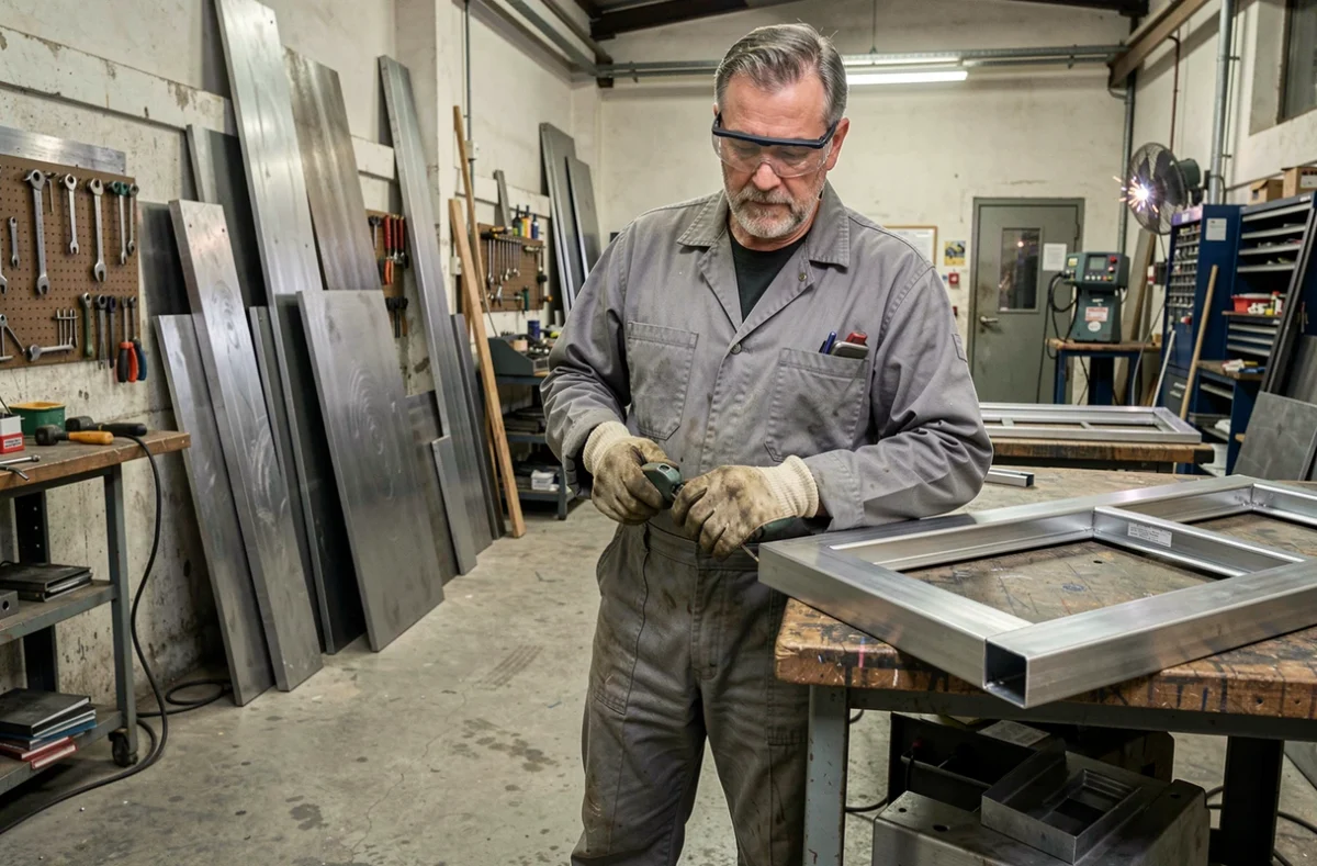 Artisan m&eacute;tallier de SCOFAB dans son atelier &eacute;quip&eacute; travaillant sur un cadre de porte en acier