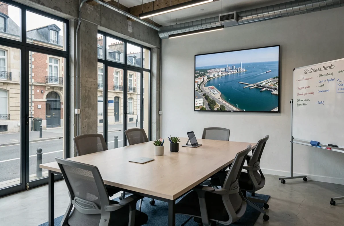 Salle de r&eacute;union du cabinet SCP Estuaire Avocats &agrave; Saint-Nazaire avec table de conf&eacute;rence et photo a&eacute;rienne de l'estuaire