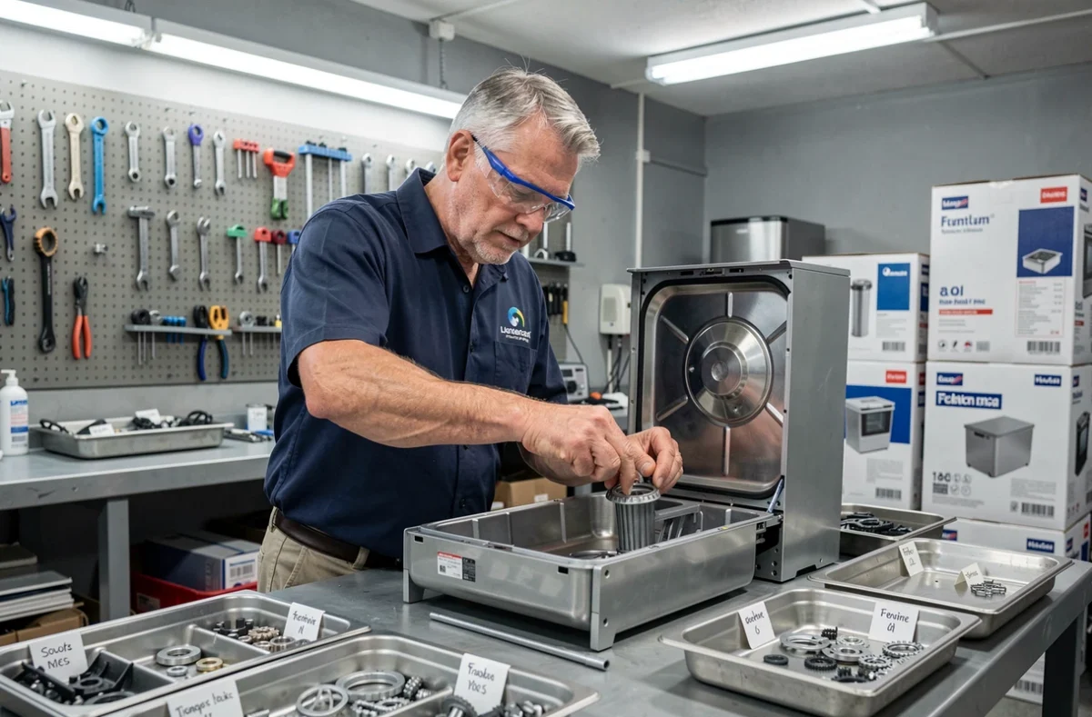 Technicien de S.D.M.E réparant un lave-vaisselle dans un atelier professionnel