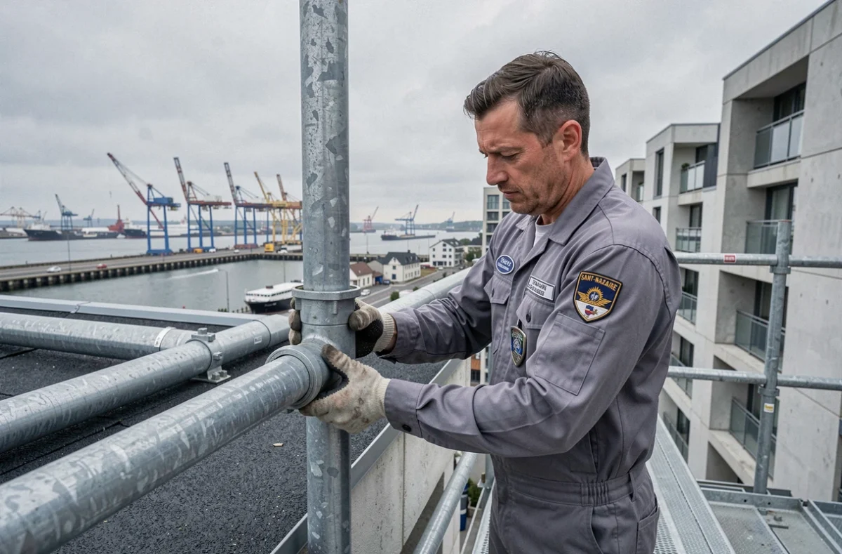 Multi-services SDP &agrave; Saint-Nazaire fixant une descente pluviale sur l'ext&eacute;rieur d'un immeuble r&eacute;sidentiel moderne