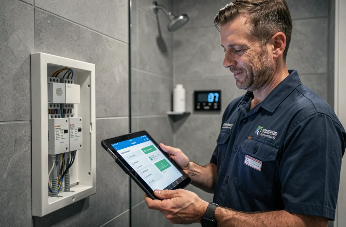 Technicien de Sécurité et Communication Concept installant un système domotique dans une salle de bain moderne en Moselle