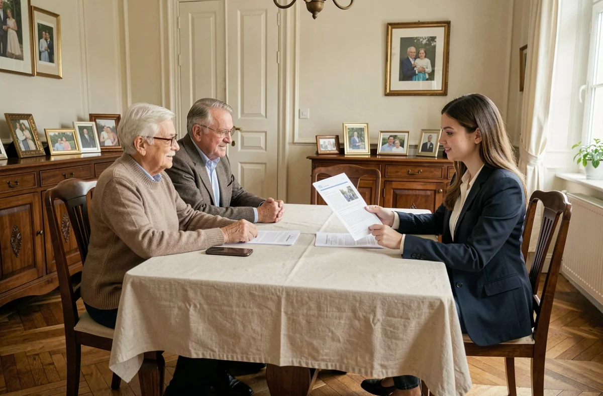 Un couple de seniors discutant d'un contrat de service d'aide ménagère avec une conseillère à domicile