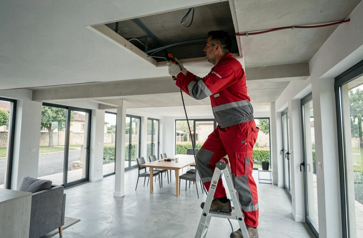 &Eacute;lectricien Serieyssol &Eacute;lectricit&eacute; tirant des c&acirc;bles dans le faux plafond d'un bureau en Ard&egrave;che