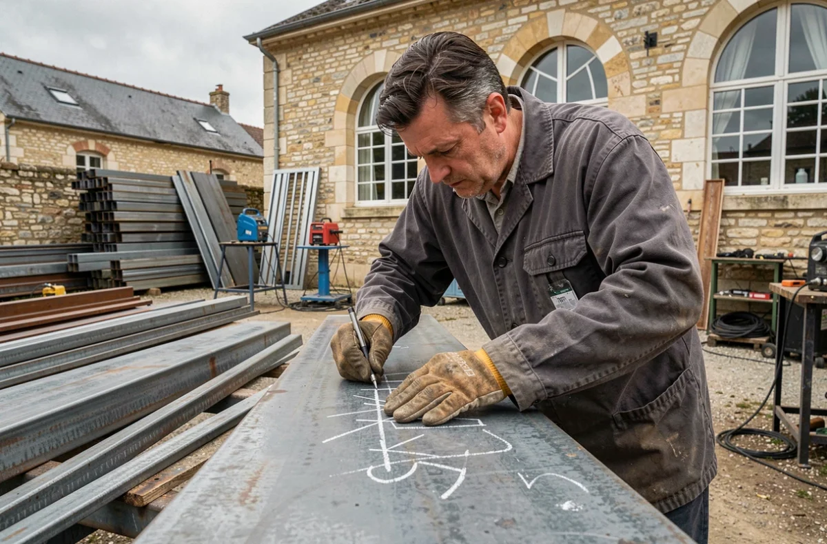 M&eacute;tallier de Serrurerie-M&eacute;tallerie Rochelaise mesurant un panneau de portail en acier dans une cour de fabrication