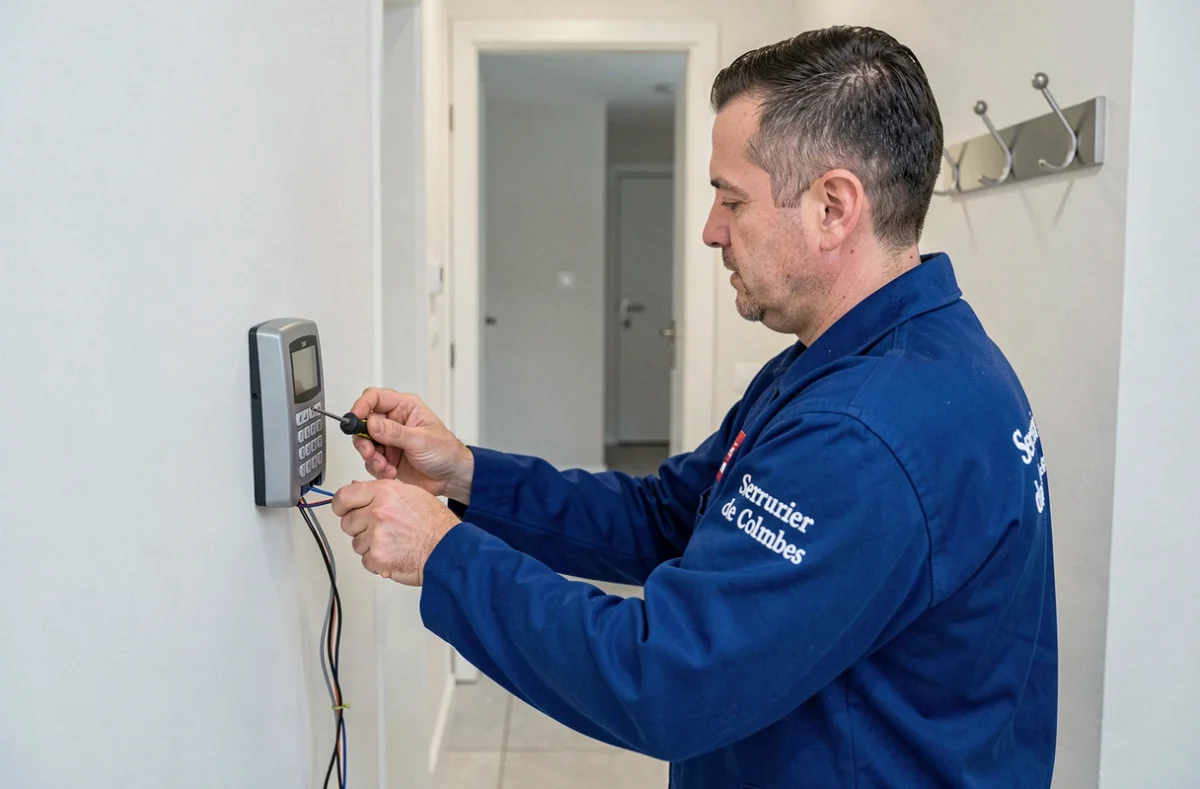 Serrurier de Colombes installant un syst&egrave;me d'entr&eacute;e &agrave; clavier num&eacute;rique sur une porte d'appartement r&eacute;nov&eacute;e