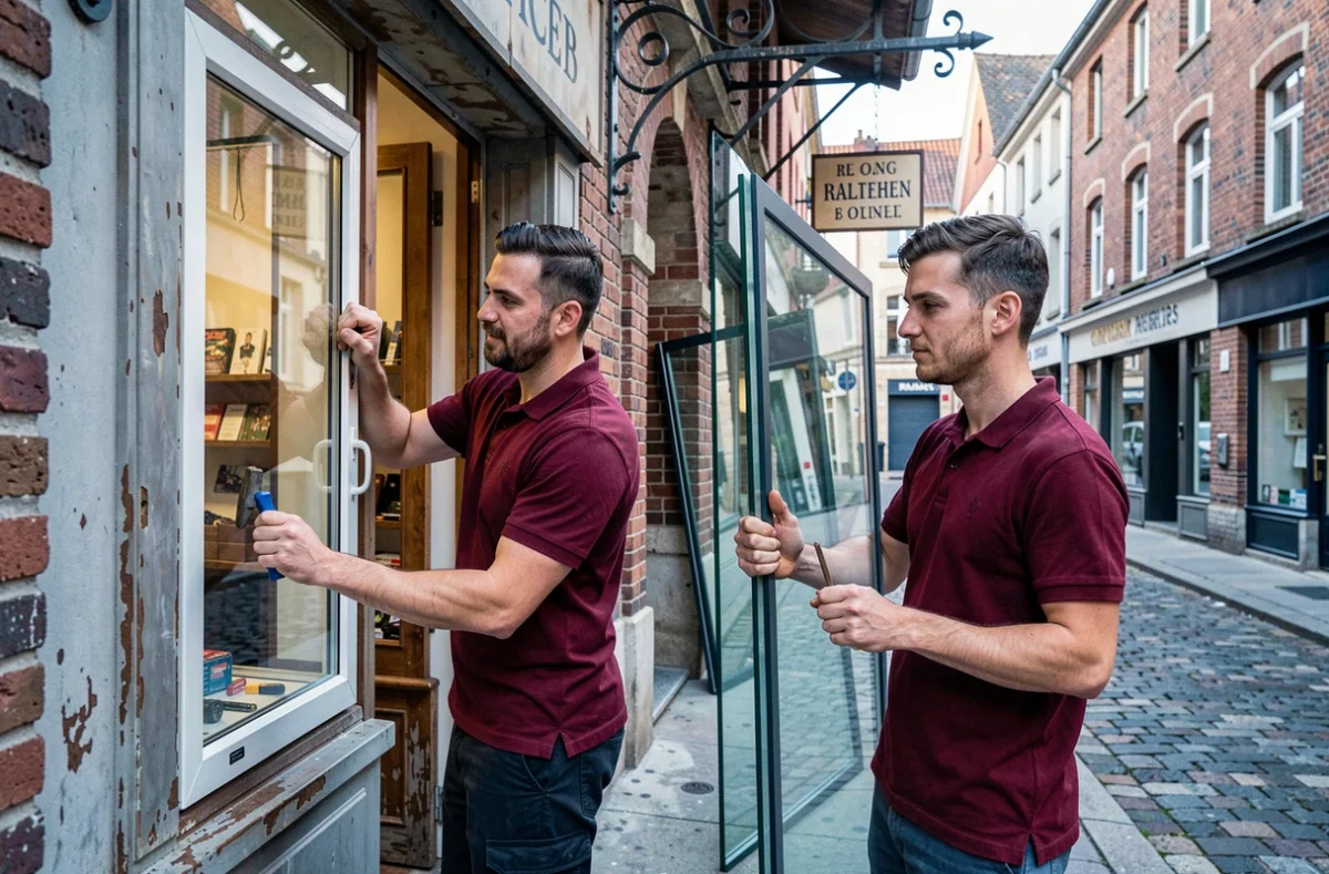 Serruriers-vitriers HDF posant une vitre dans une devanture commerciale sur une rue pavée du nord de la France
