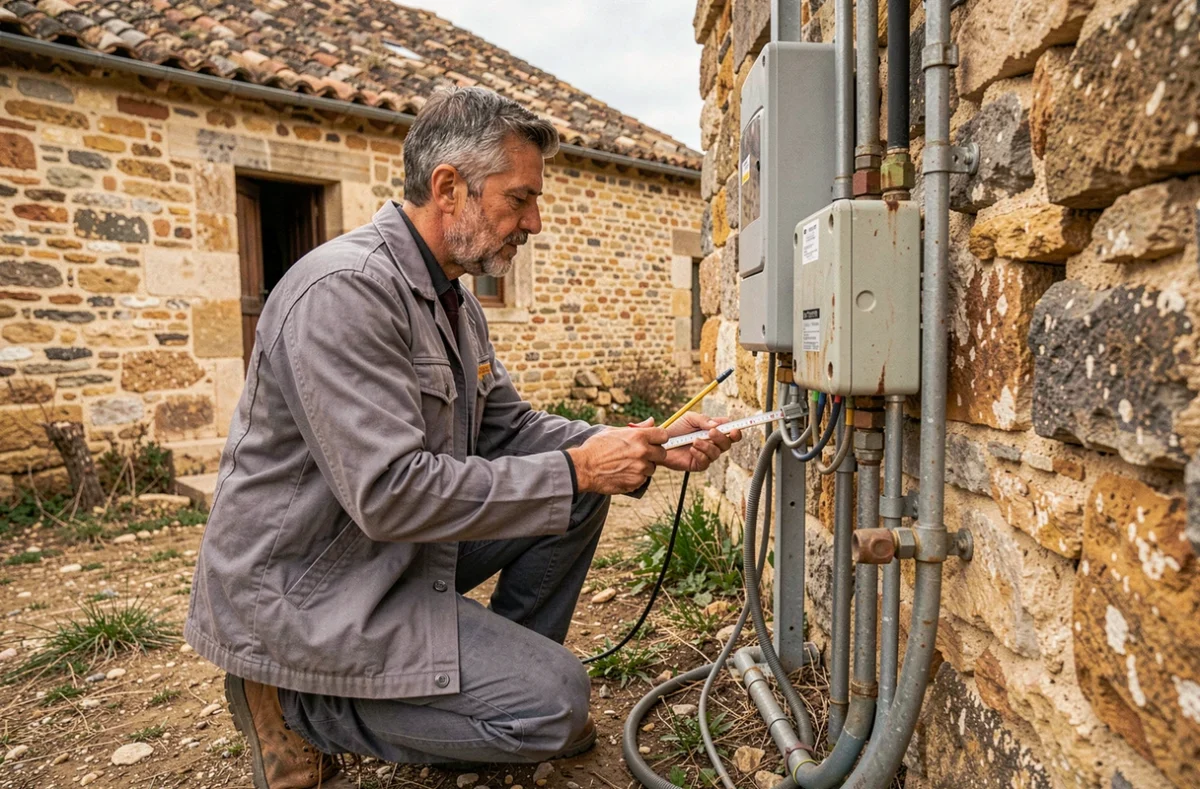 J&eacute;r&ocirc;me Sevenier &eacute;lectricien inspectant une installation ext&eacute;rieure pr&egrave;s d'une ferme ard&eacute;choise