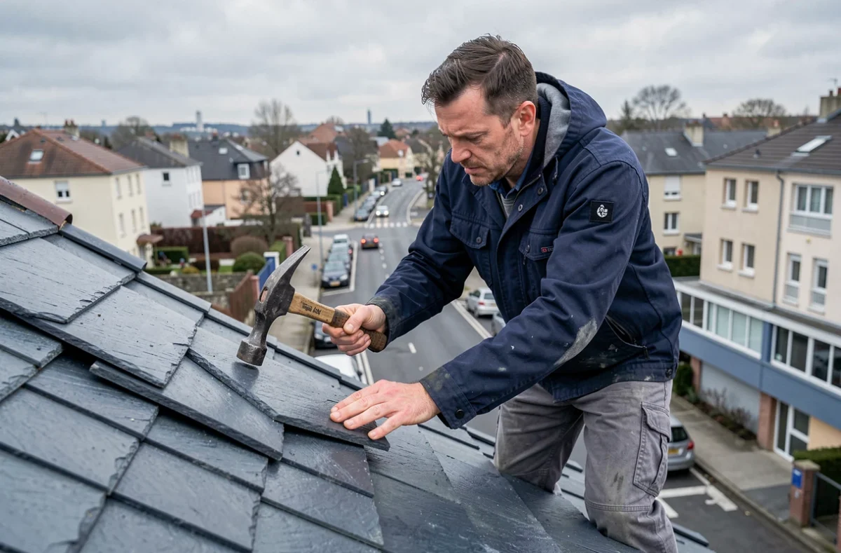 Artisan couvreur de SG Rénovation posant des ardoises sur un toit en Seine-Saint-Denis