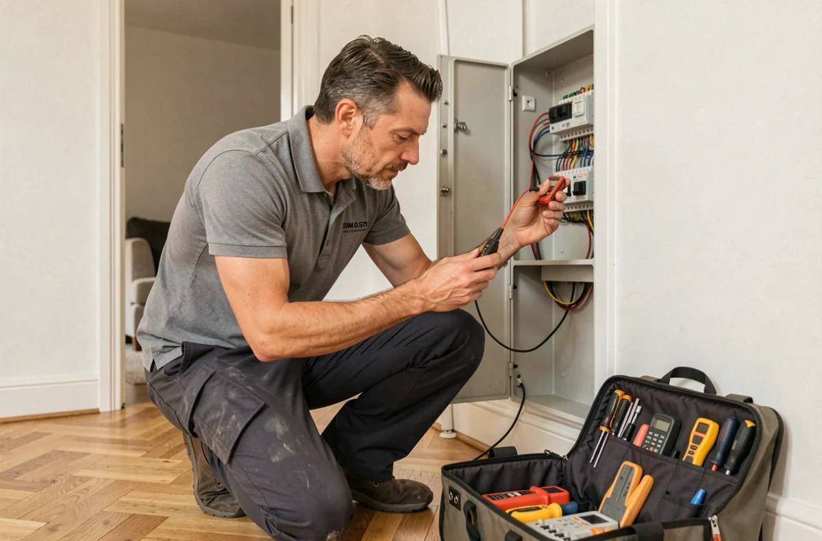 Électricien polyvalent SG Renovation travaillant sur un tableau électrique dans un appartement d'Antony