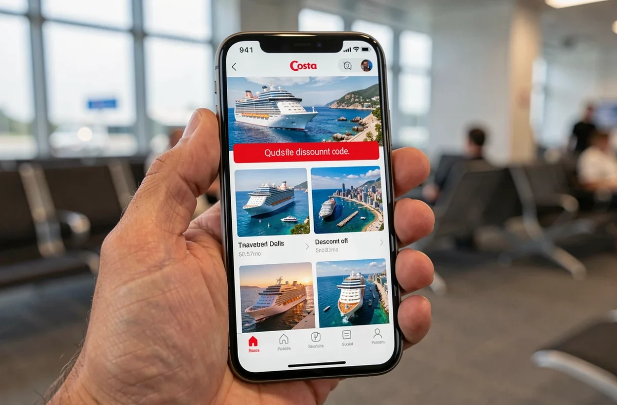 Gros plan d'un smartphone affichant un code promo pour une croisi&egrave;re Costa sur une application de voyages